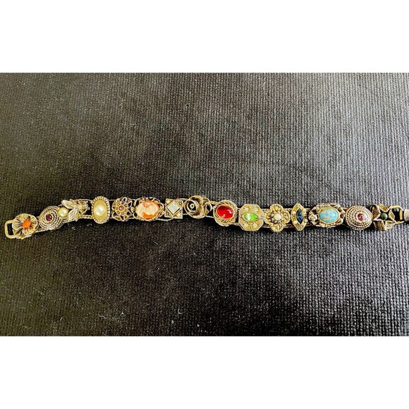 Vintage Victorian Revival Slide Charm Bracelet Flower Cameo Bee Glass 7” - Picture 9 of 10